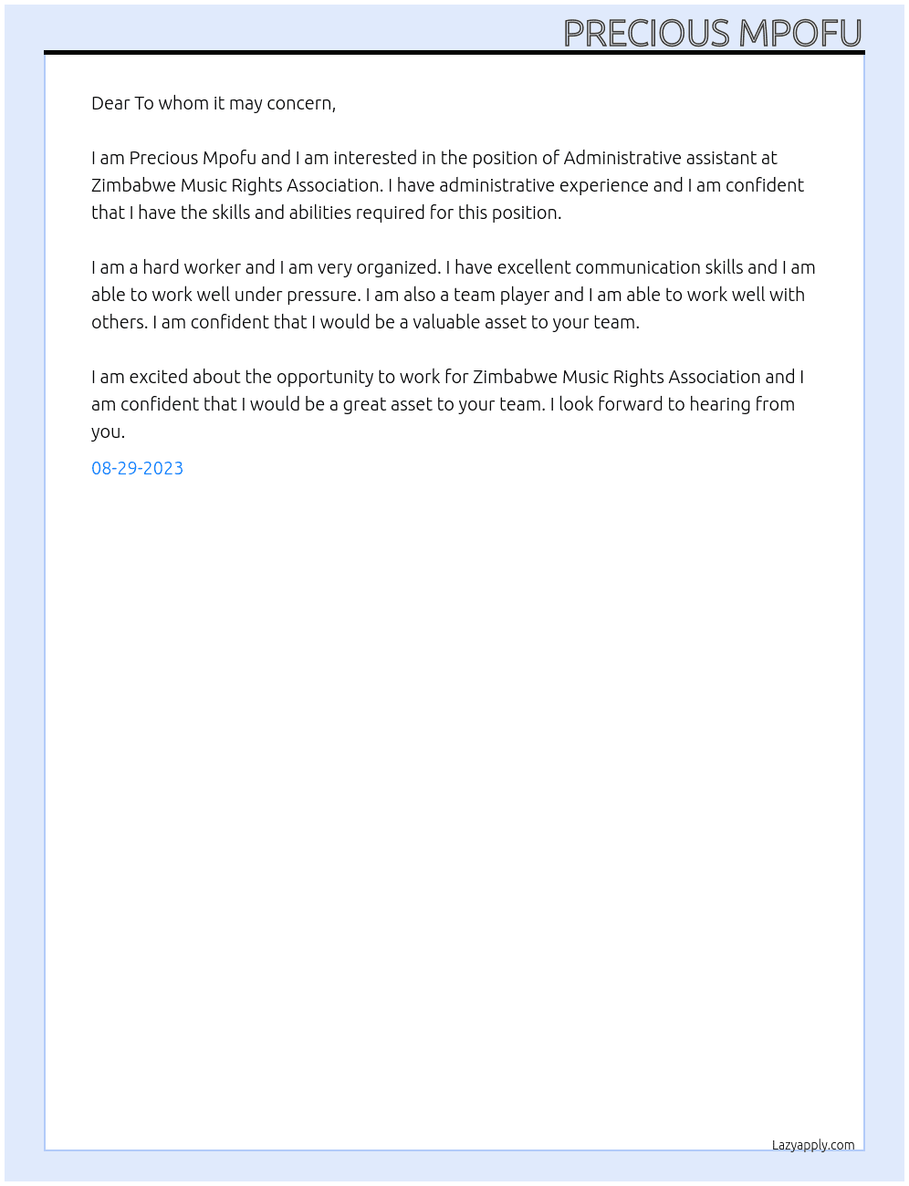 Administrative assistant At Zimbabwe Music Rights Association Cover Letter
