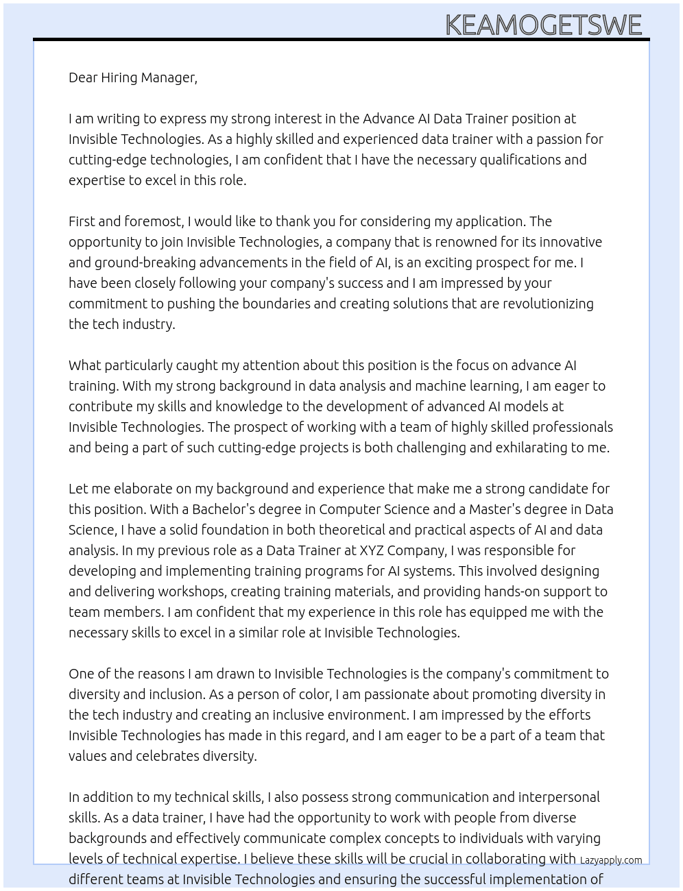 Advance AI Data Trainer At Invisible Technologies  Cover Letter