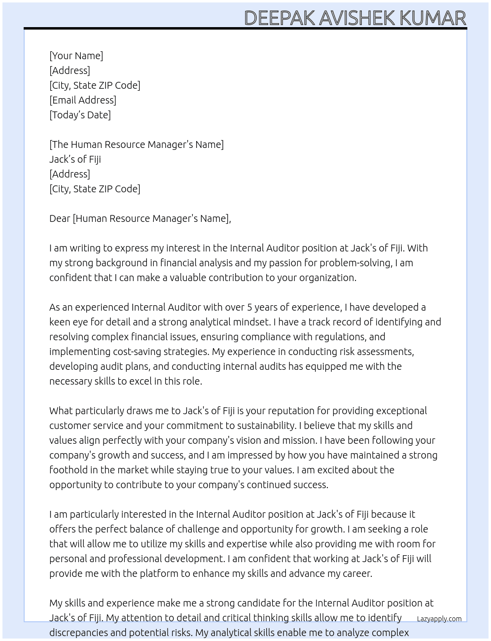 Internal Auditor At Jack's of Fiji Cover Letter