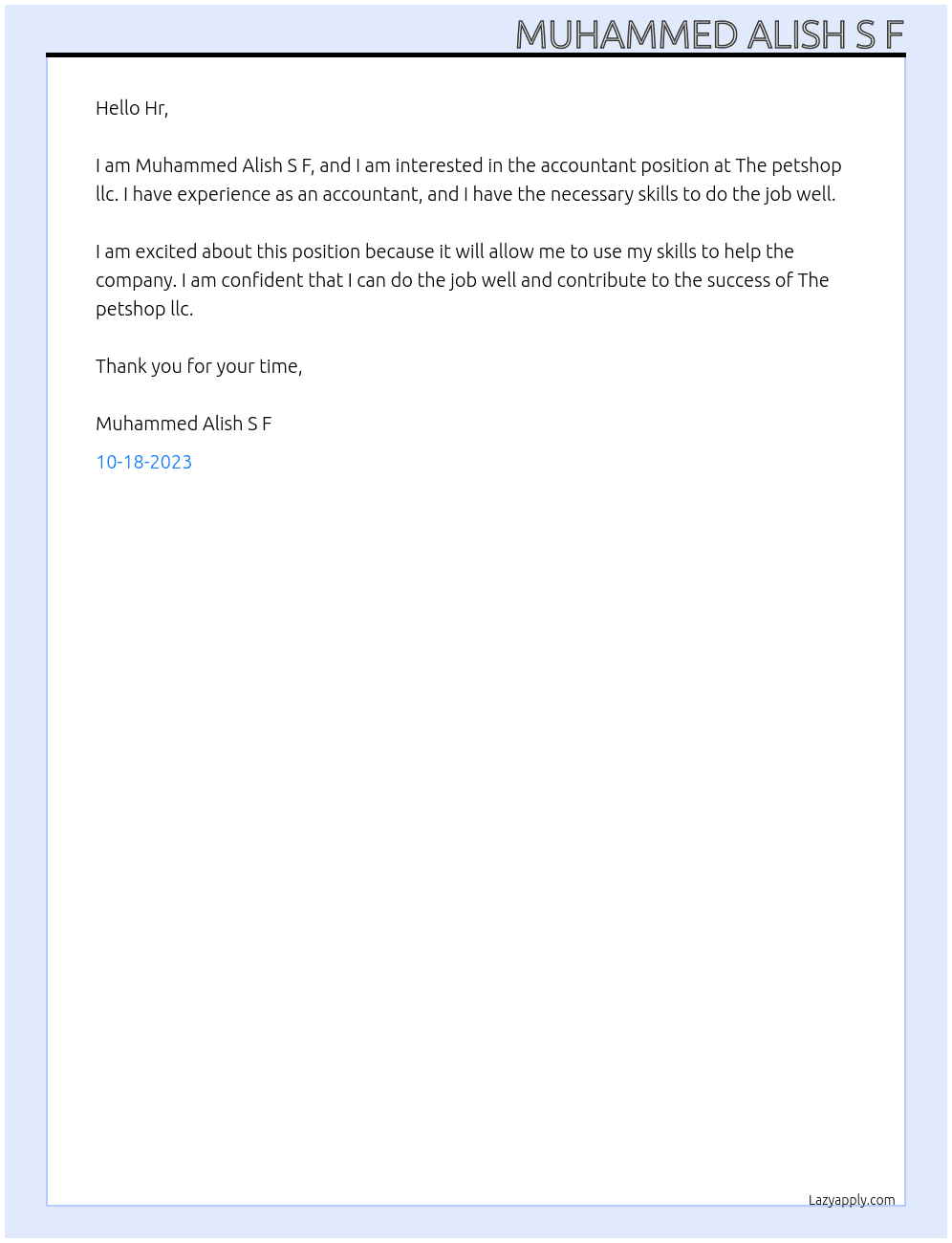 Accountant  At The petshop llc Cover Letter