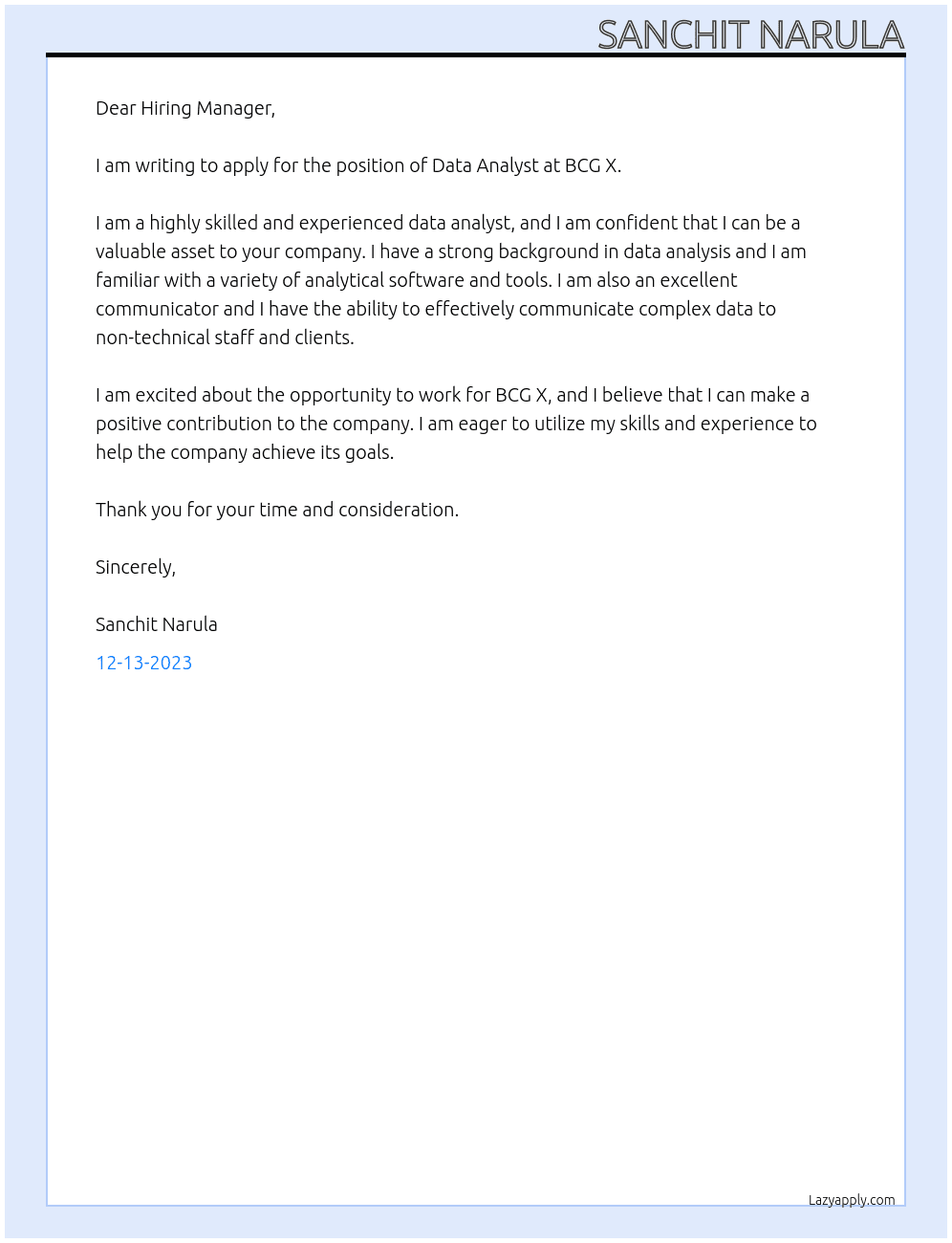Data analyst At BCG X Cover Letter