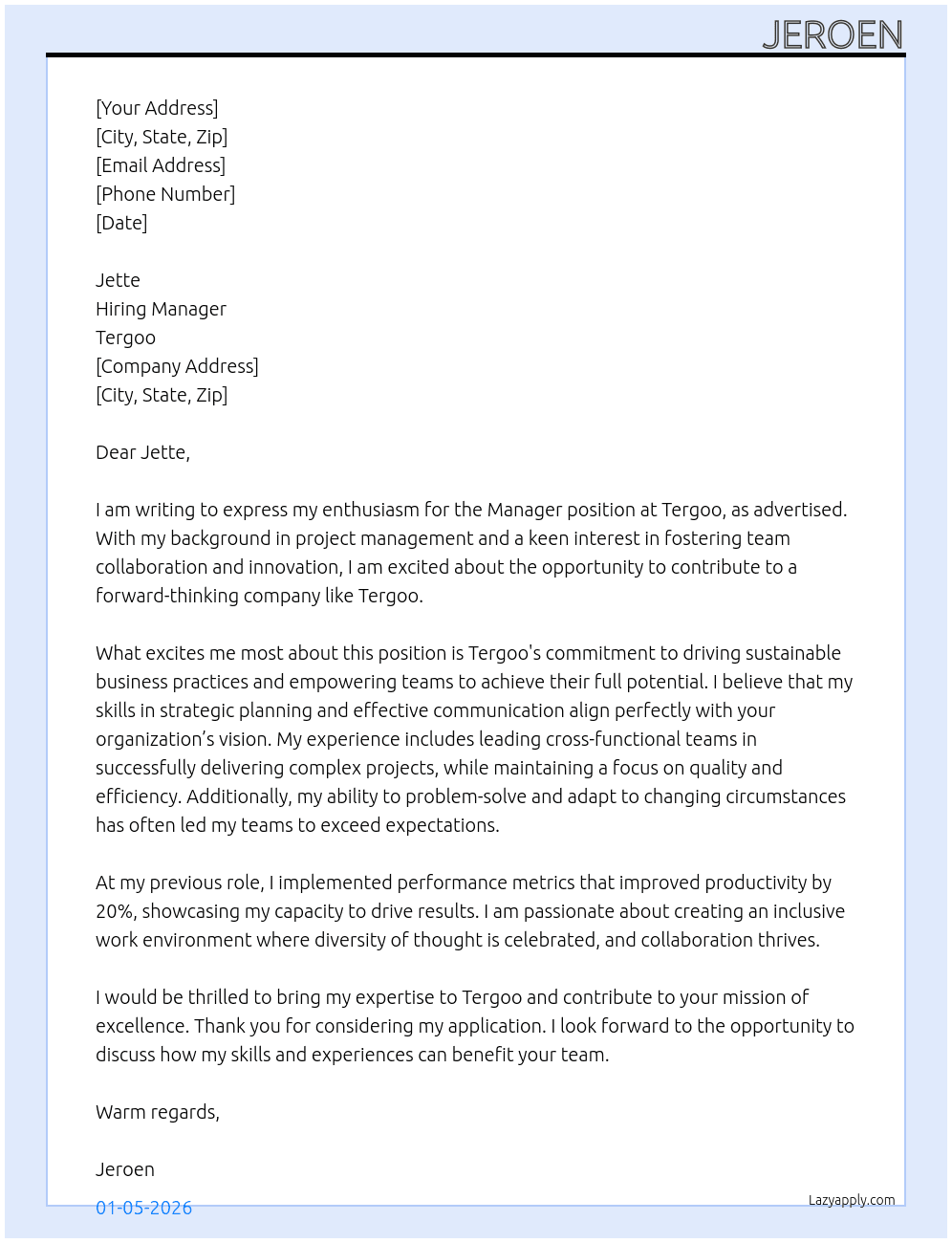 Manager At Tergoo Cover Letter