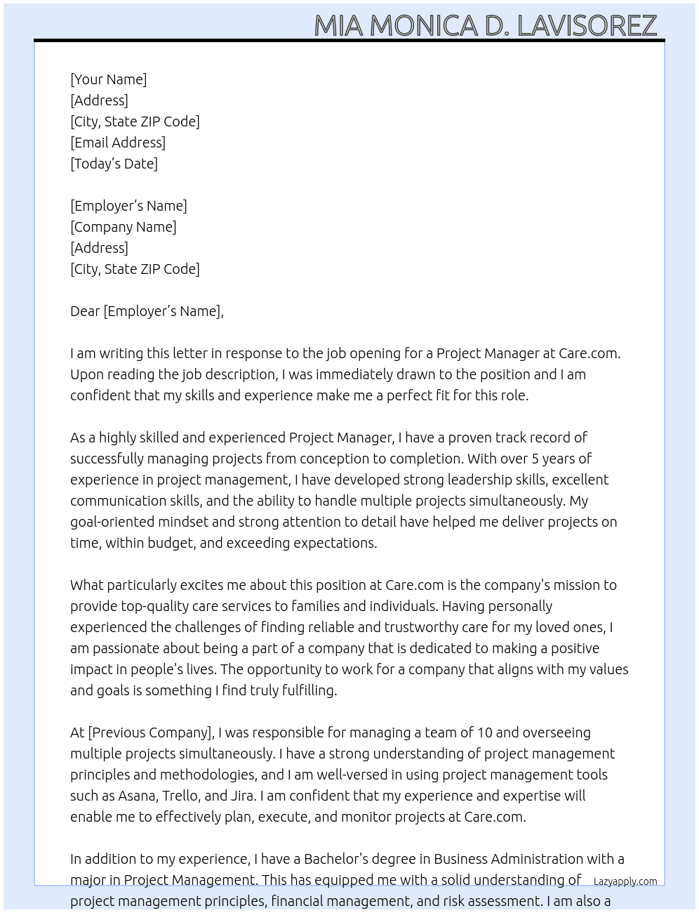 Project manager  At Care.com Cover Letter
