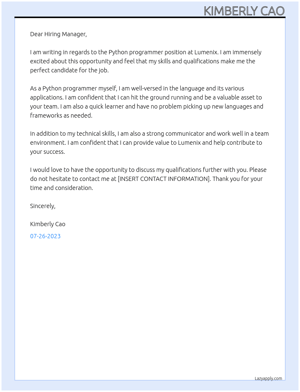 Python Programmer At Lumenix Cover Letter