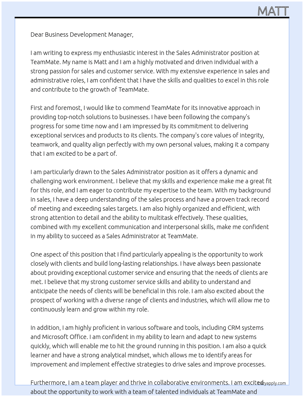 Sales Administrator At TeamMate Cover Letter
