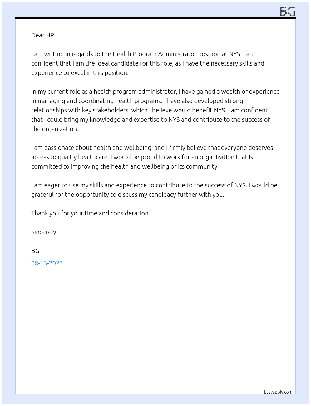 Health Program Administrator At NYS Cover Letter
