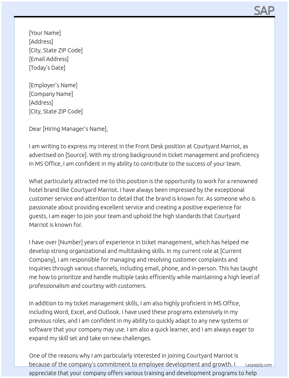 Front Desk At Courtyard Marriot  Cover Letter