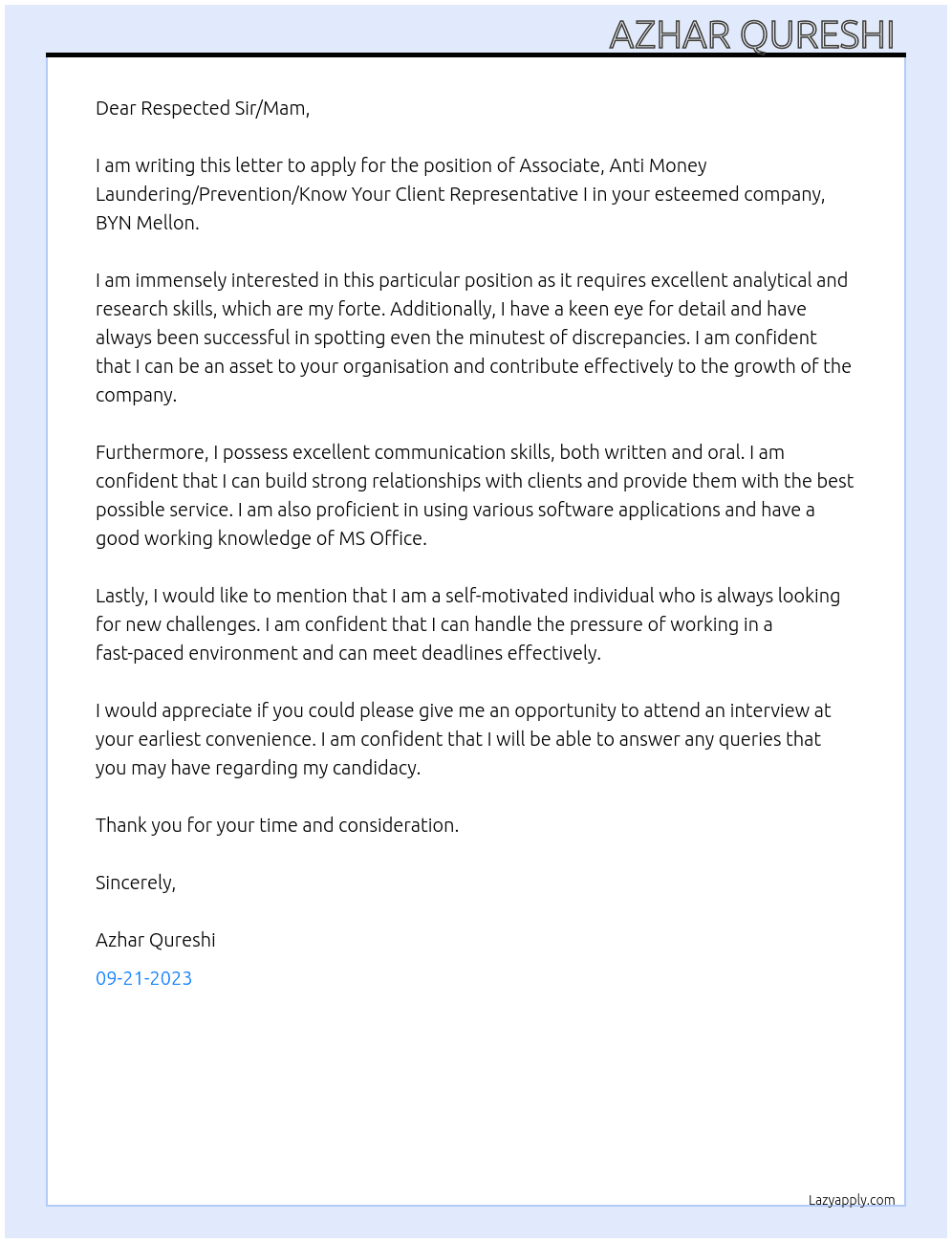 Associate, Anti Money Laundering/Prevention/Know Your Client Representative I At BYN Mellon  Cover Letter