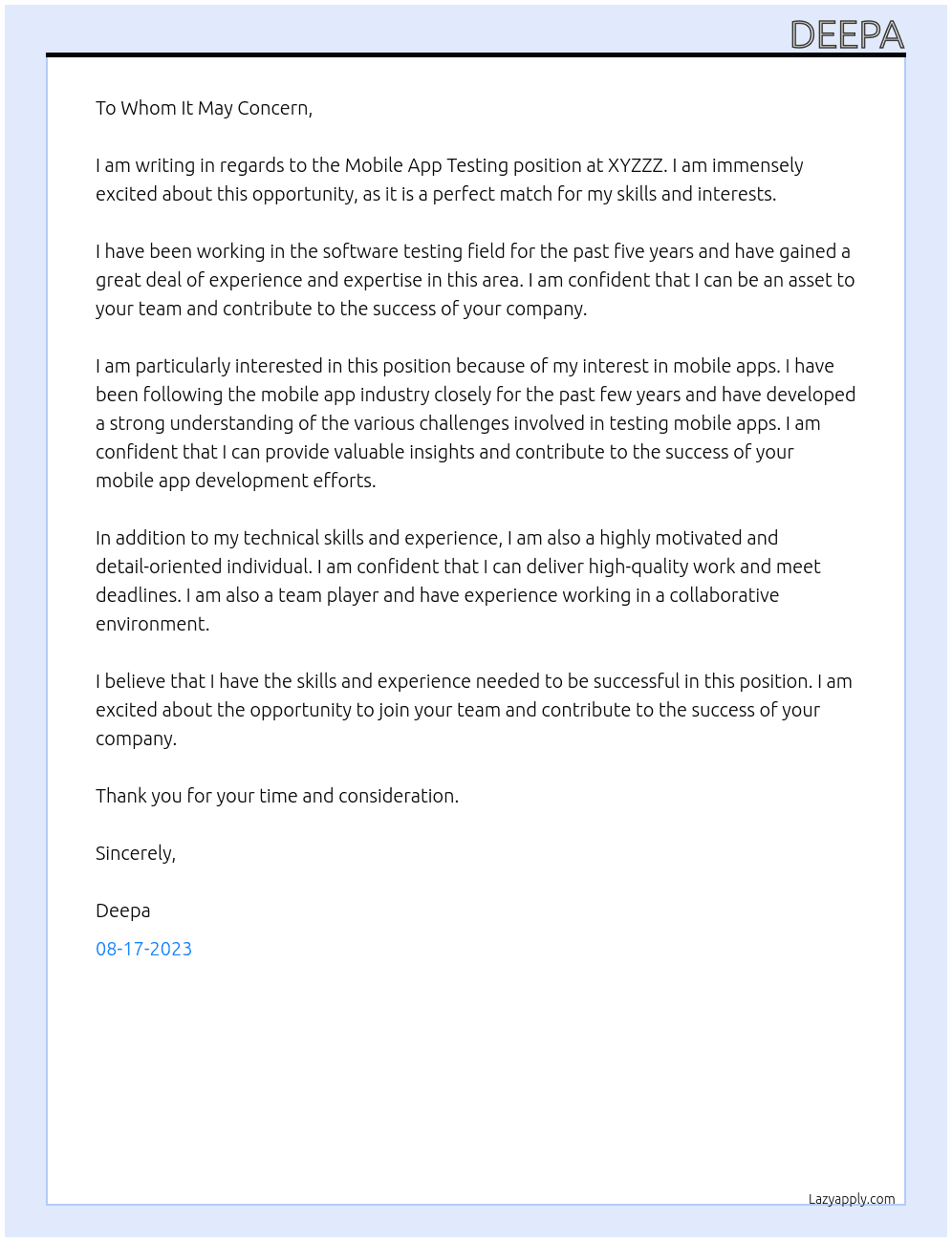 Mobile app testing At xyzzz Cover Letter