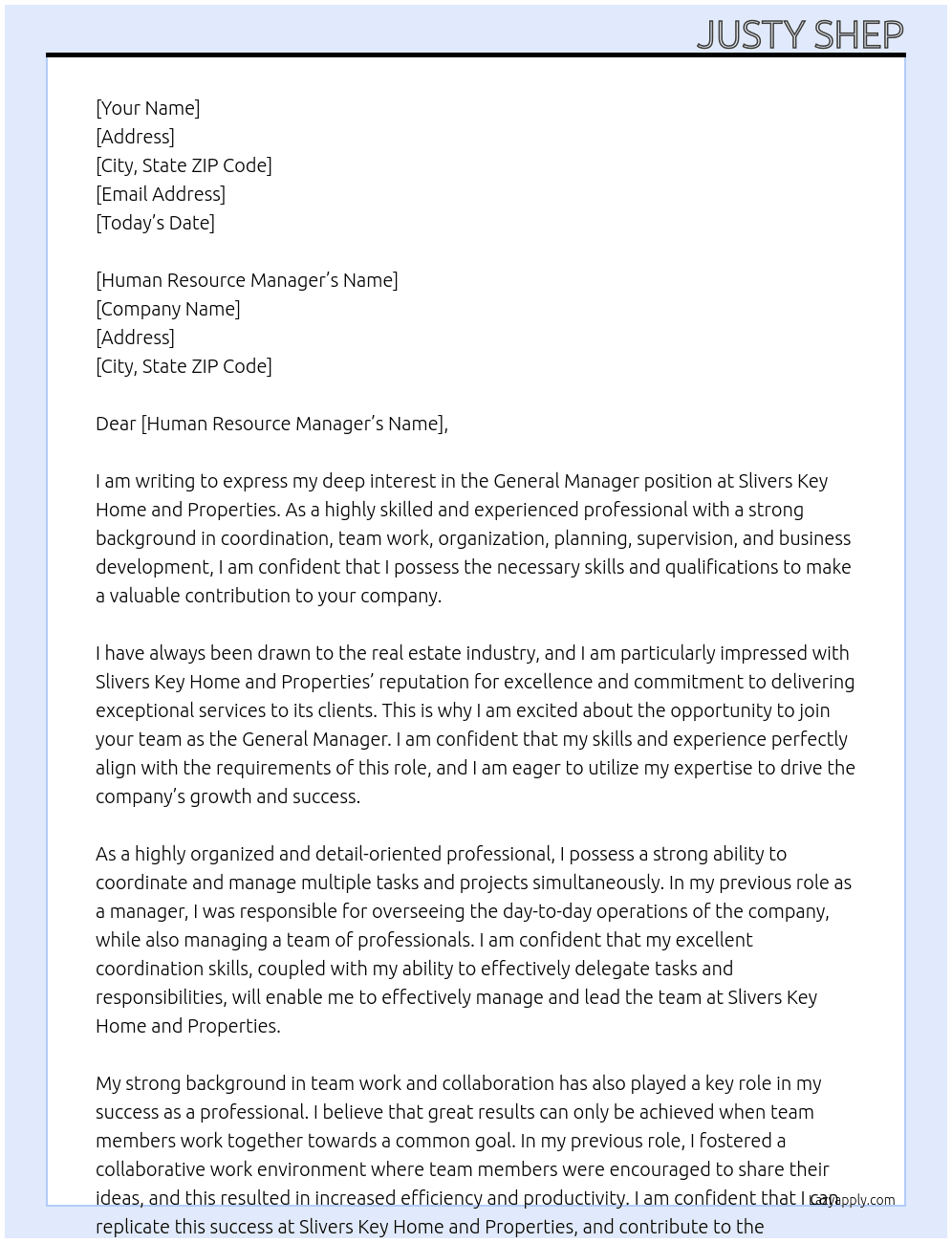 General Manager At Slivers Key Home and Properties Cover Letter