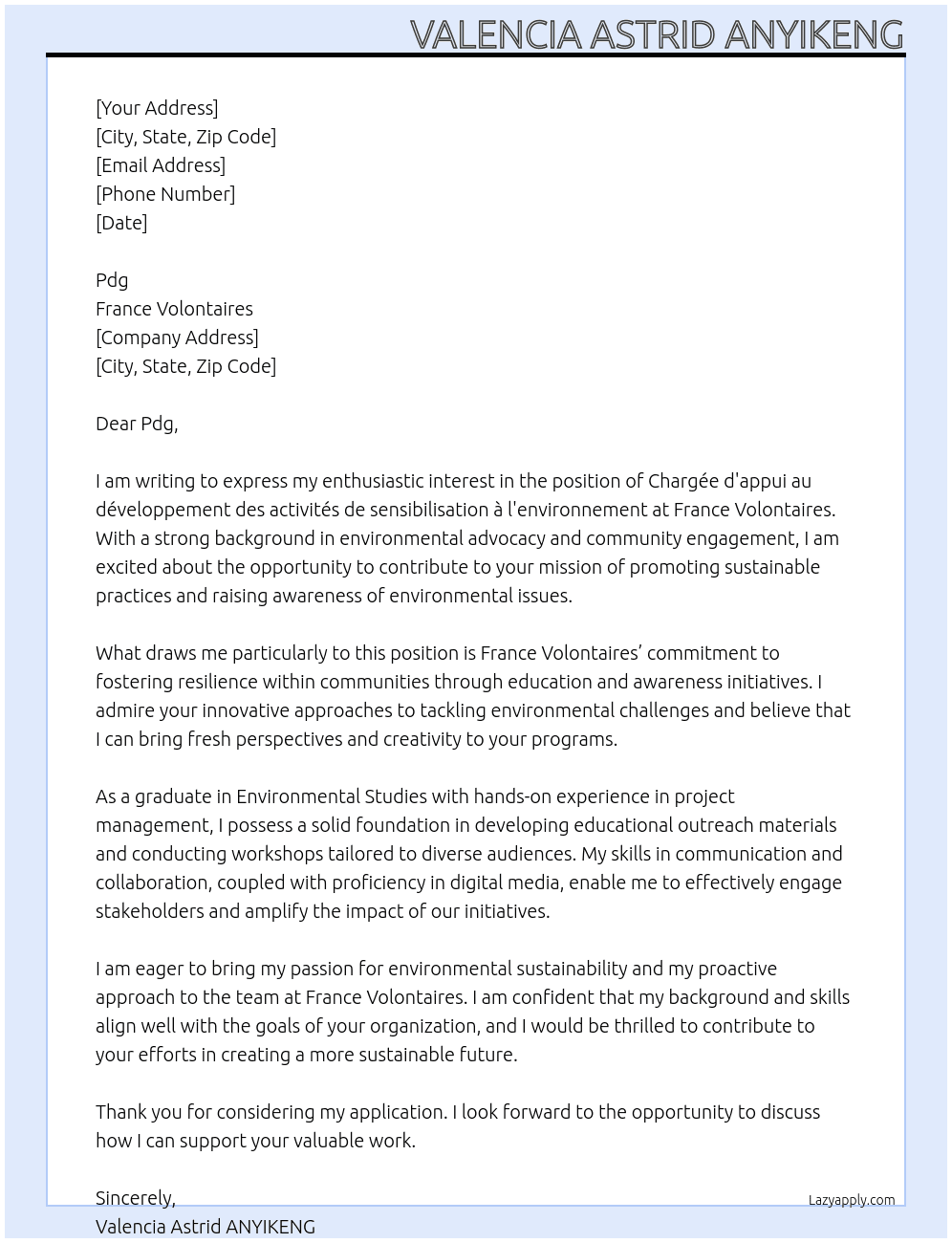 Chargée d'appui au développement des activités de sensibilisation a l'environnement  At France Volontaires  Cover Letter