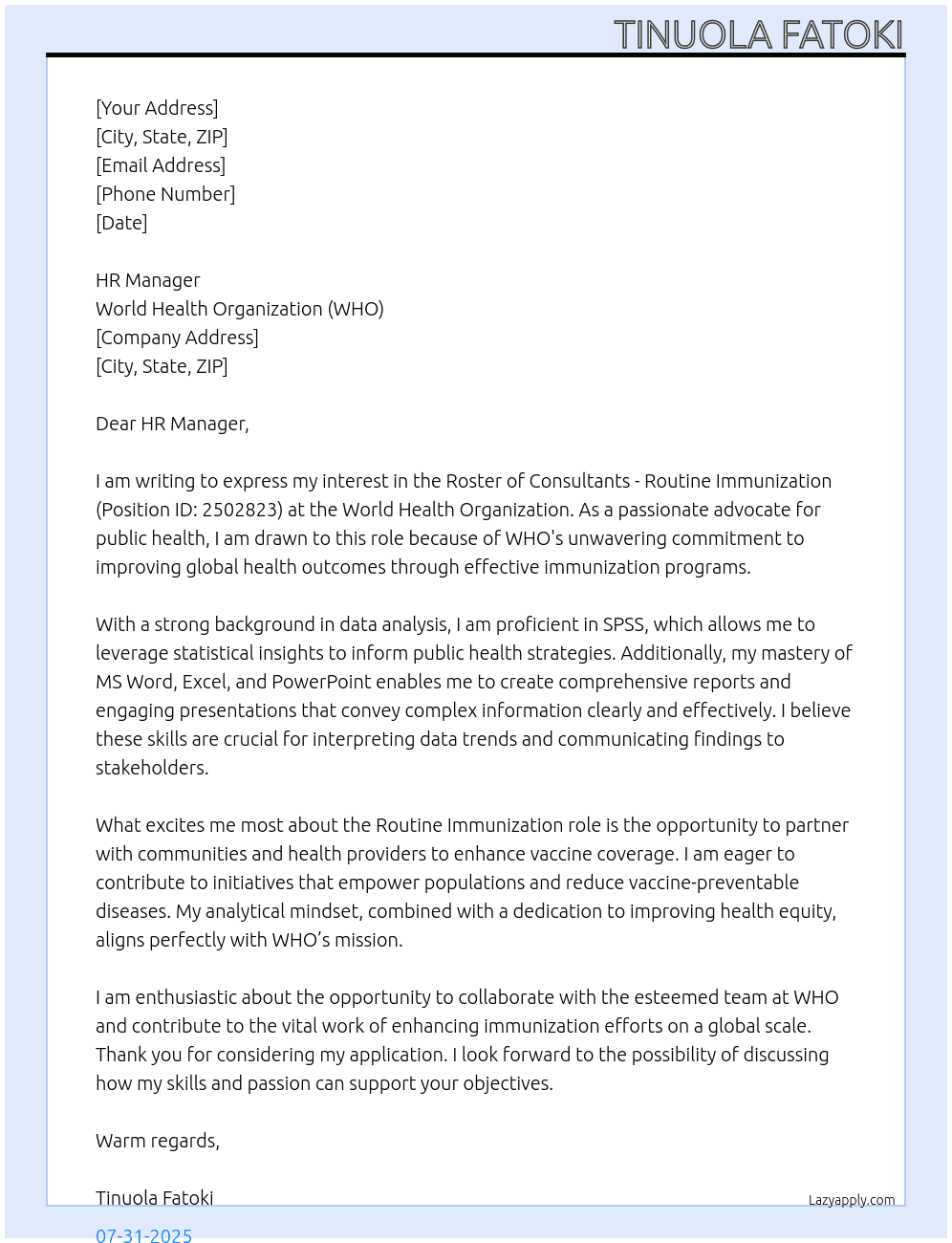  Roster of consultants - Routine Immunization, - 2502823 At WHO Cover Letter