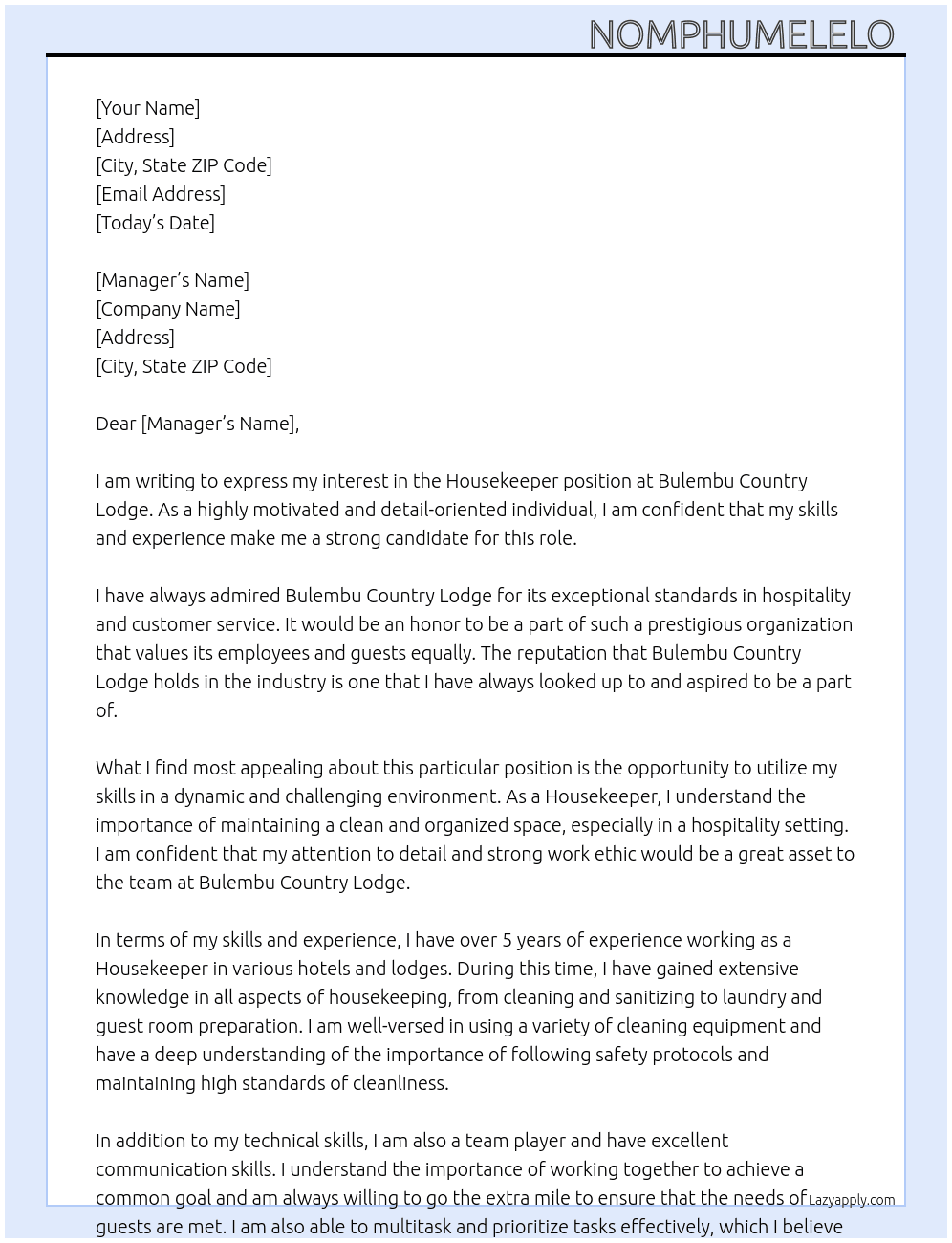 House keeper  At Bulembu coutry lodge  Cover Letter