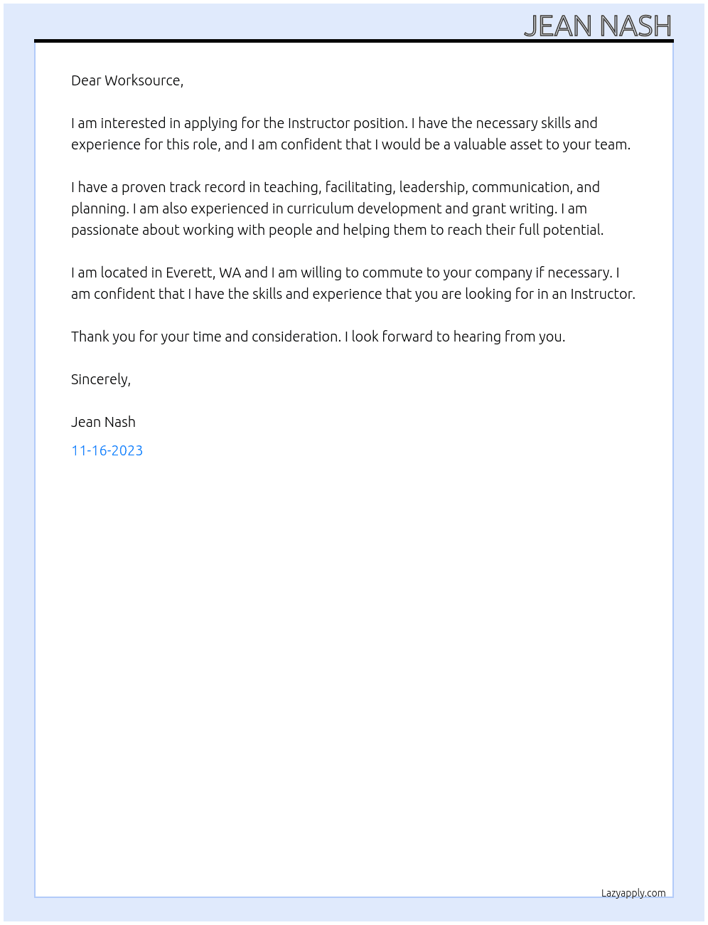 Instructor At worksource Cover Letter