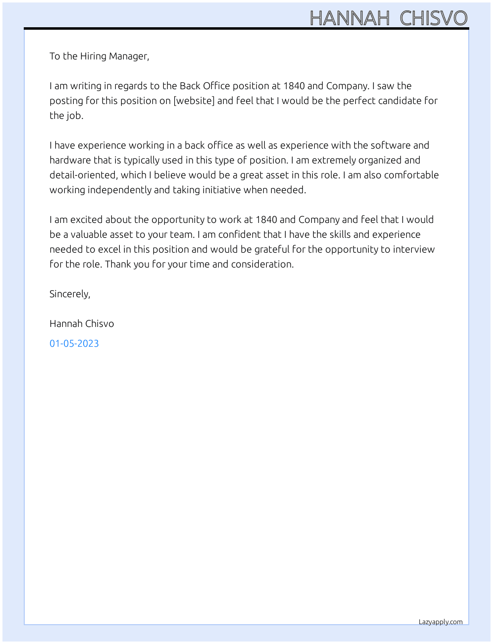 Back office At 1840 and company Cover Letter