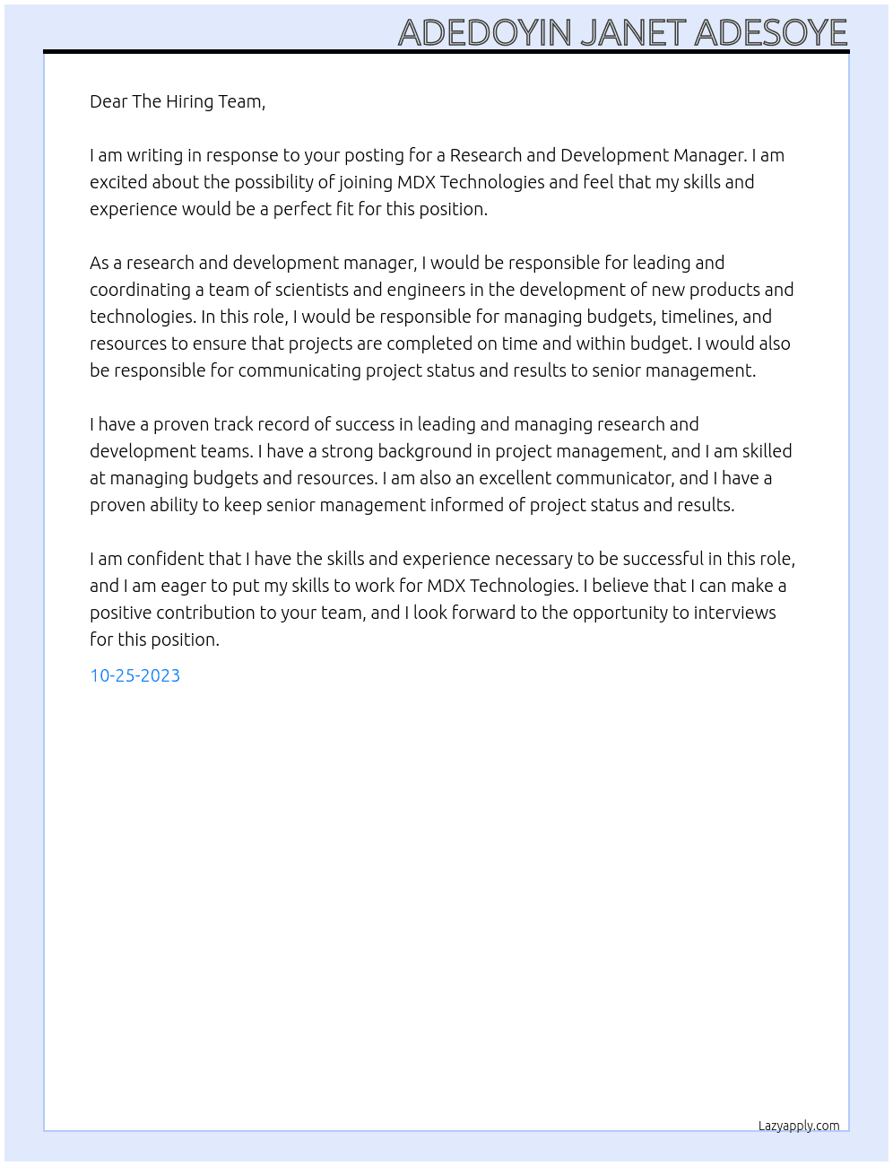 Research and Development Manager At MDX Technologies Cover Letter