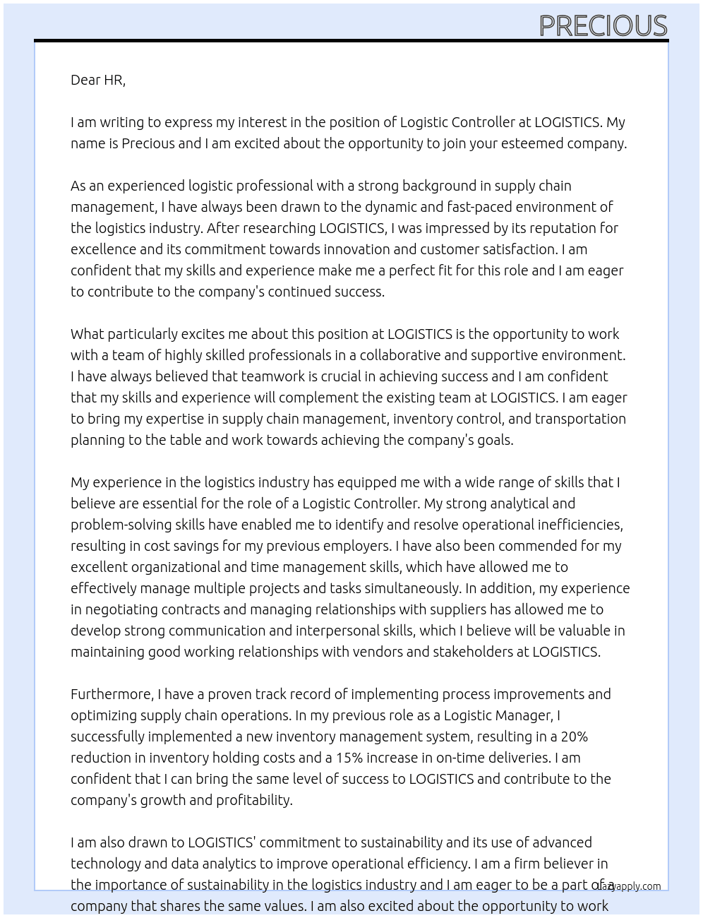 LOGISTIC CONTROLLER At LOGISTCS Cover Letter