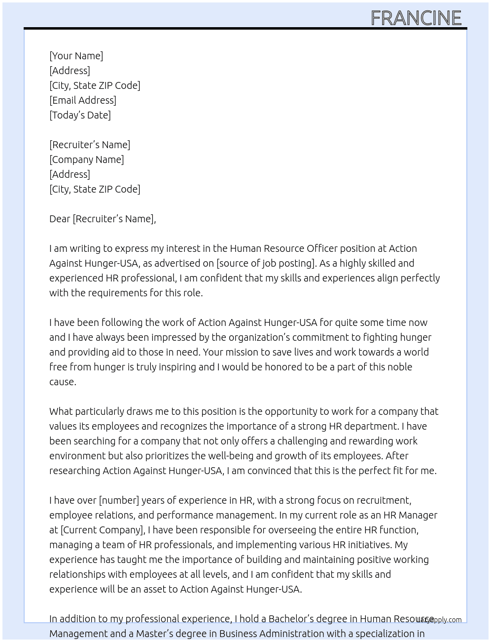 Human Resource Officer  At Action Against Hunger-USA Cover Letter