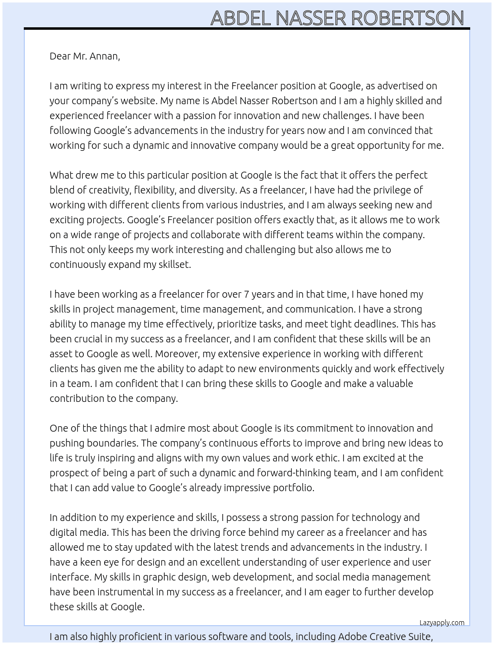 freelancer At Google  Cover Letter