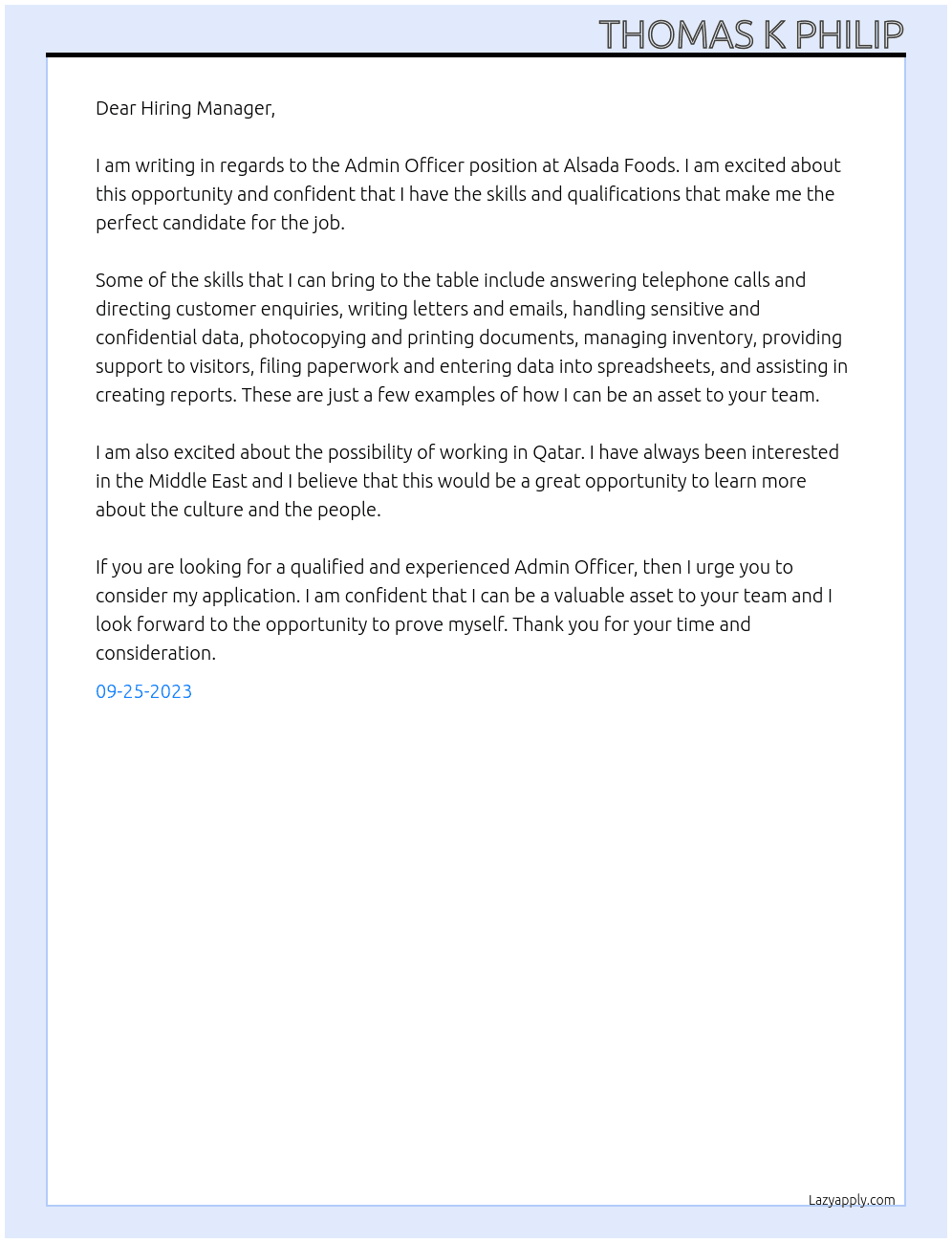 Admin Officer At Alsada Foods Cover Letter