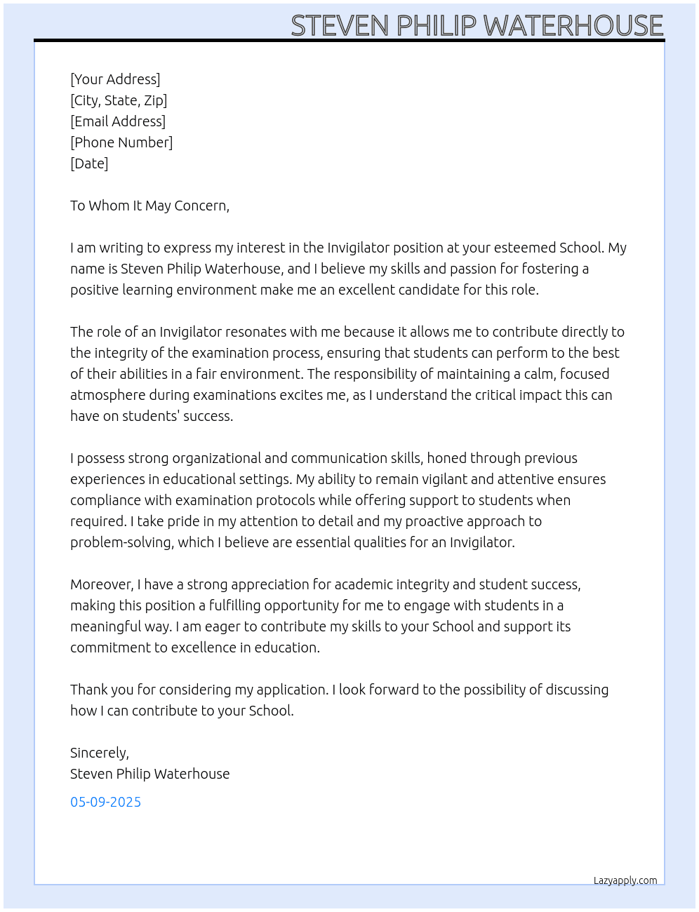 Invigilator At School Cover Letter