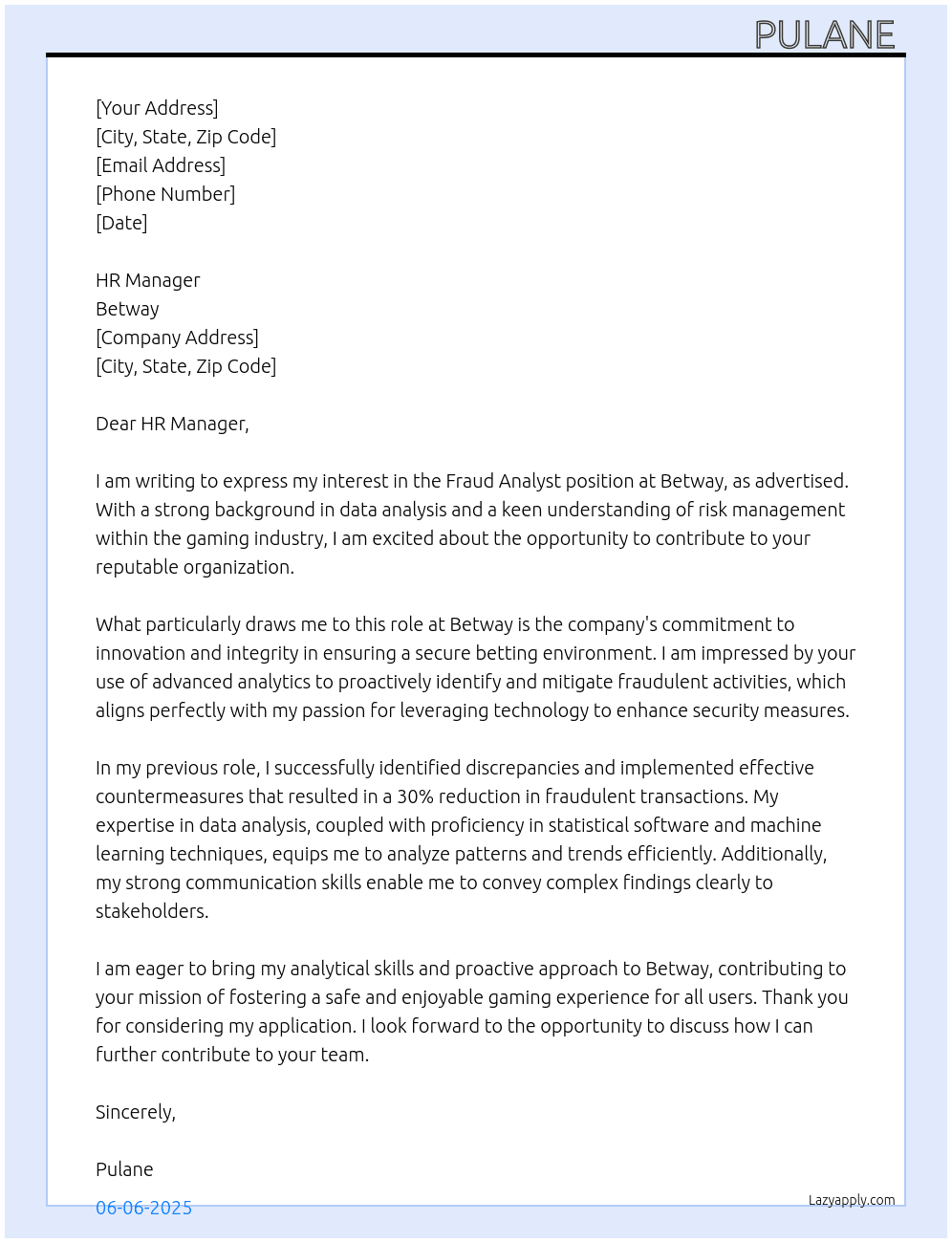 Fraud analyst At Betway Cover Letter
