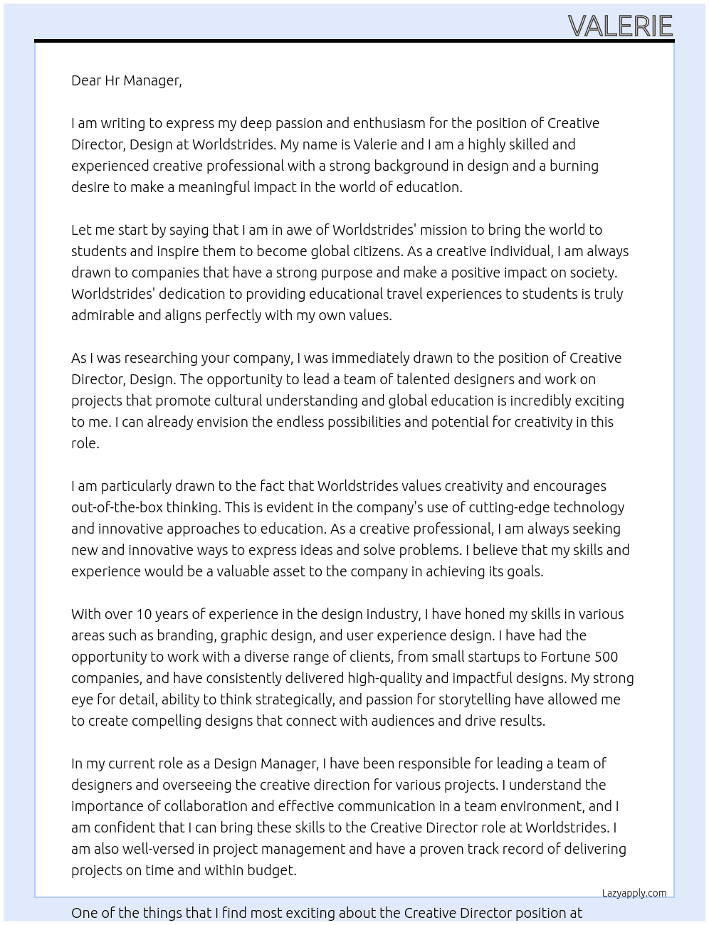 Creative Director, Design  At Worldstrides Cover Letter