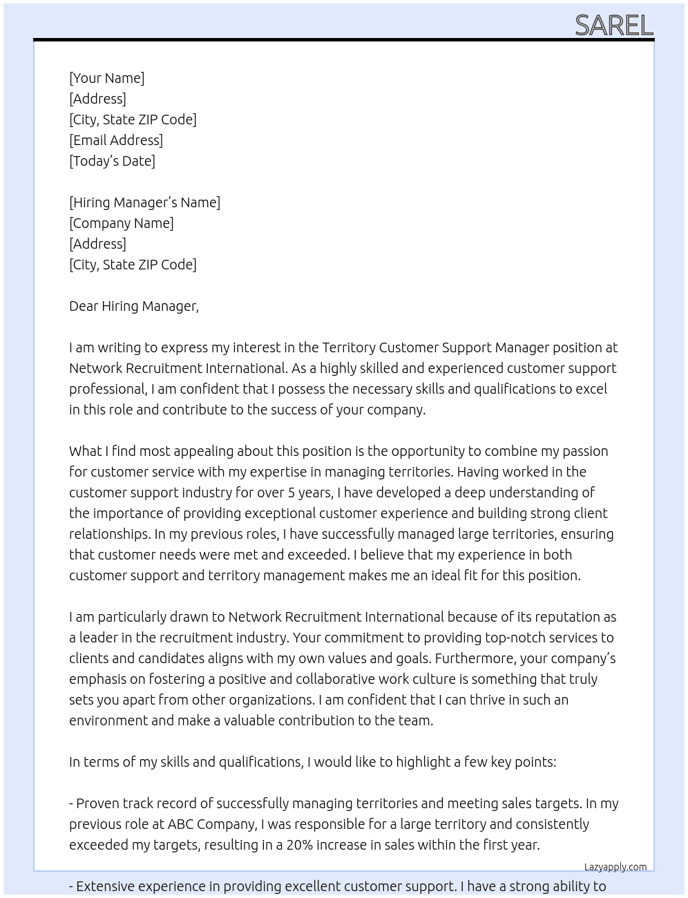 Territory Customer Support Manager At Network Recruitment International Cover Letter