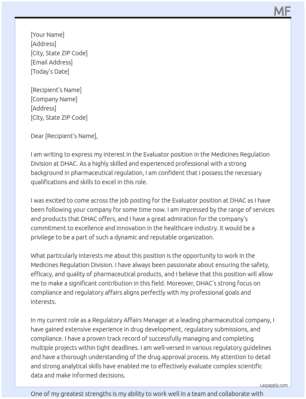 Evaluator, Medicines Regulation Division  At DHAC Cover Letter