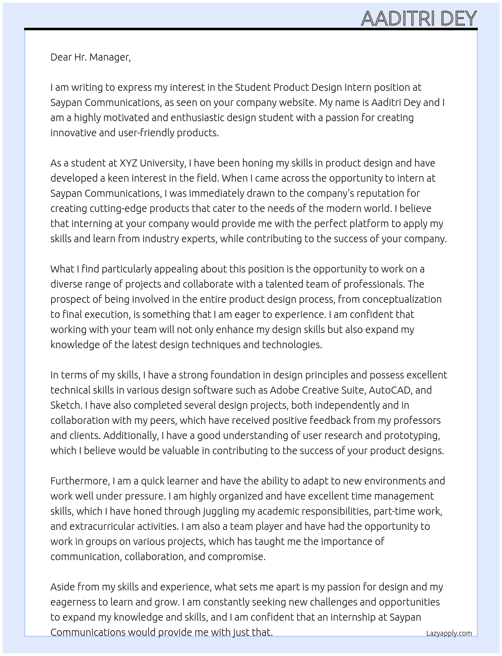 student product design intern At Saypan Communications Cover Letter