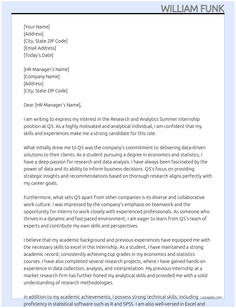 Research and Analytics Summer Internship At Q5 Cover Letter