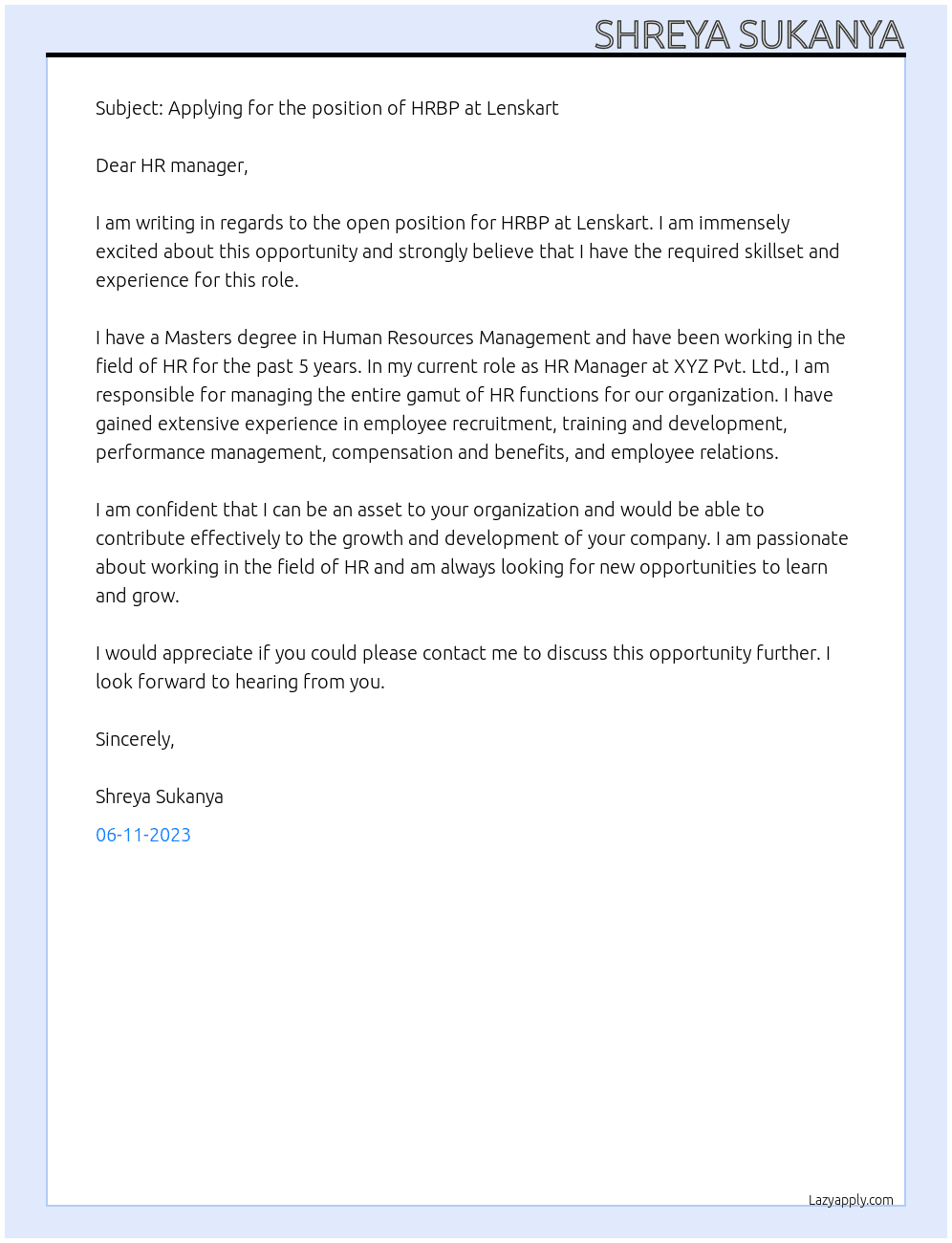 HRBP At Lenskart Cover Letter