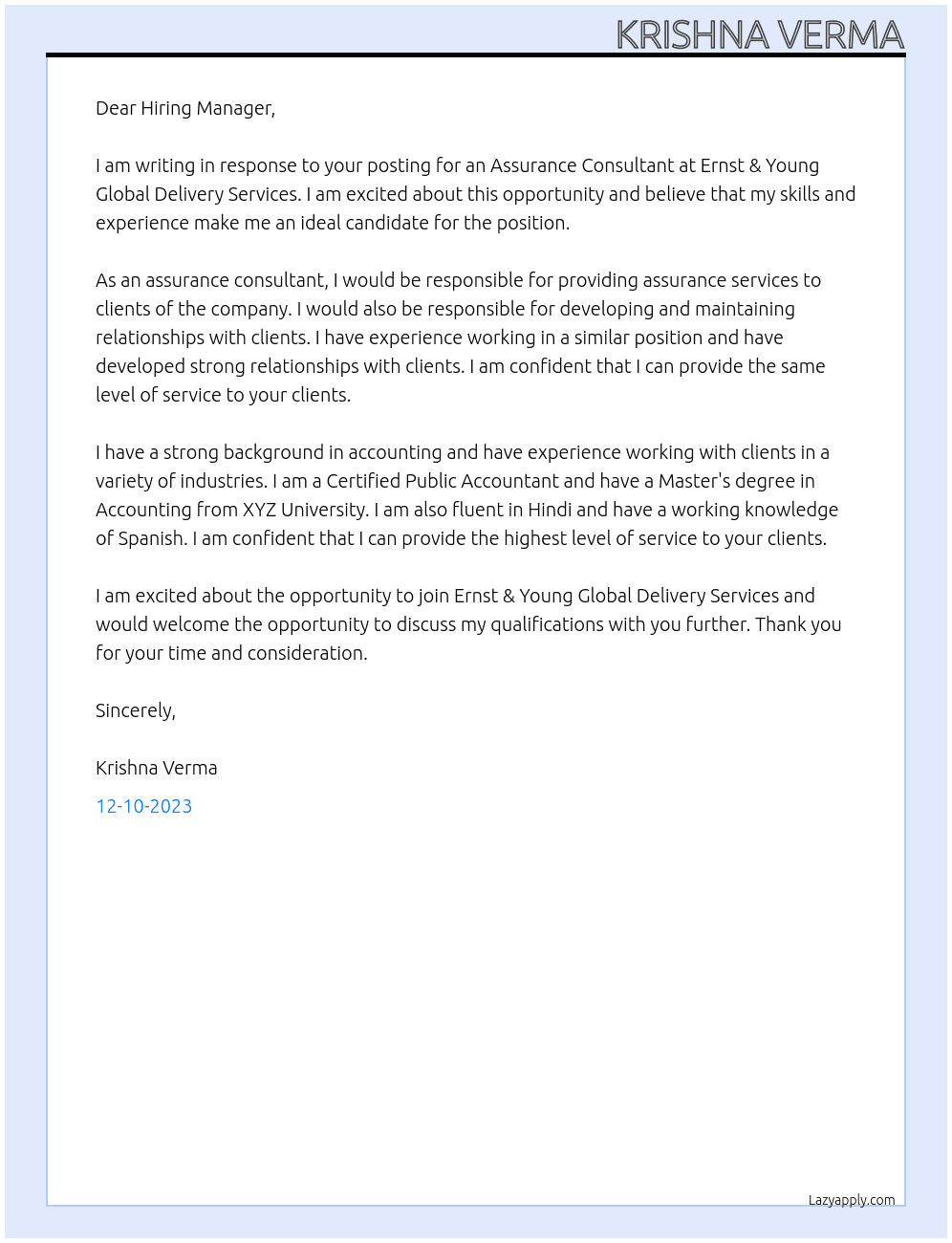 Assurance Consultant At Ernst & Young Global Delivery Services Cover Letter