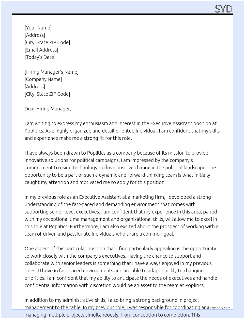 Executive Assistant At Poplitics Cover Letter