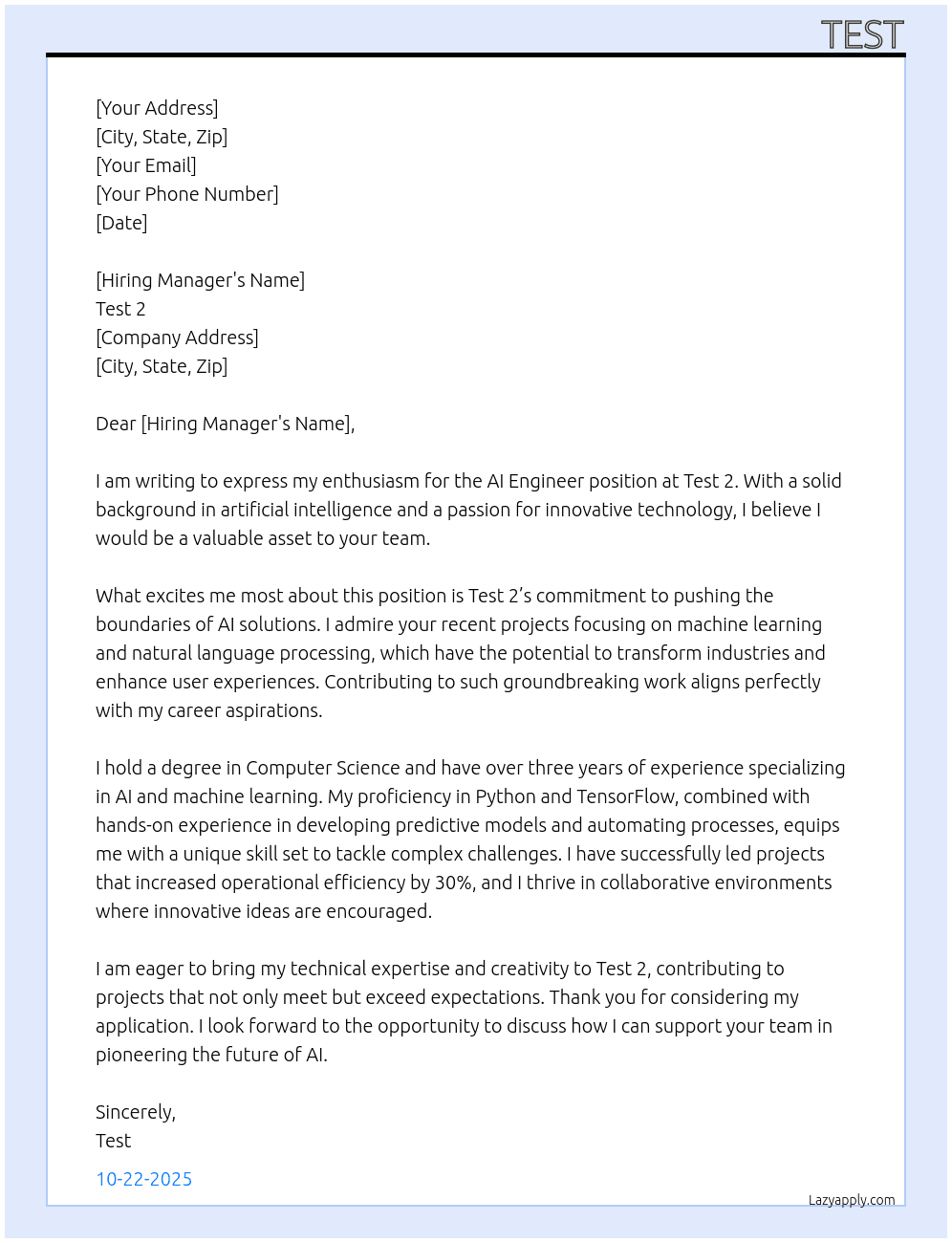 AI engineer At Test 2 Cover Letter