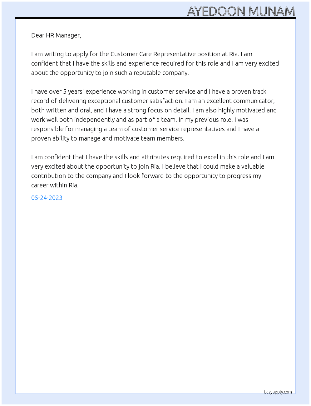 Customer Care Representative At Ria  Cover Letter