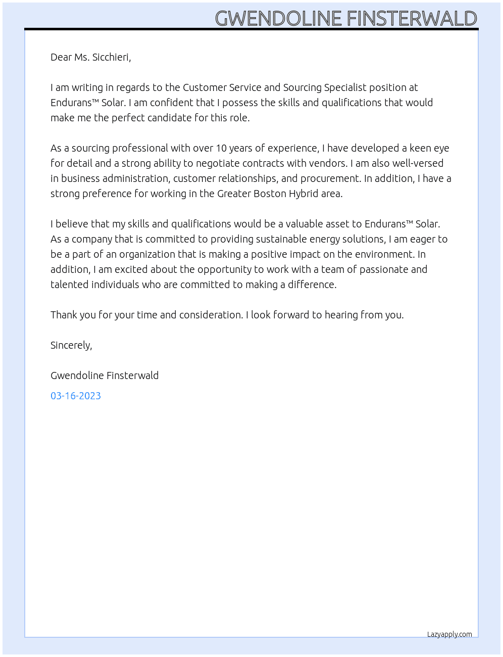 Customer Service and Sourcing Specialist At Endurans™ Solar Cover Letter