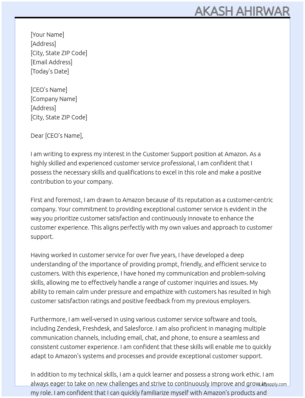 Customer Support At Amazon Cover Letter