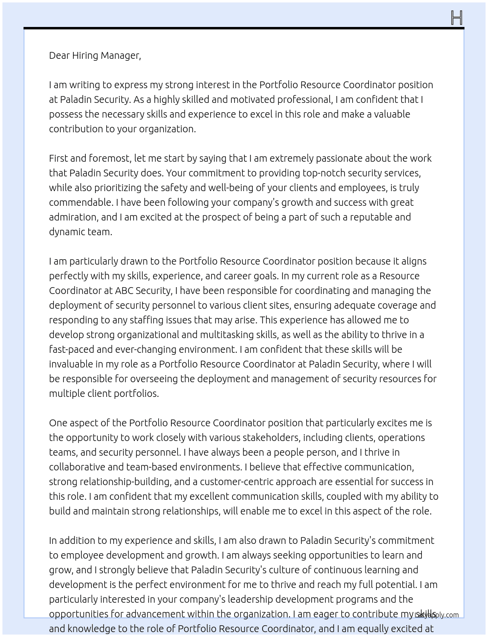 Portfolio Resource Coordinator At Paladin Security Cover Letter
