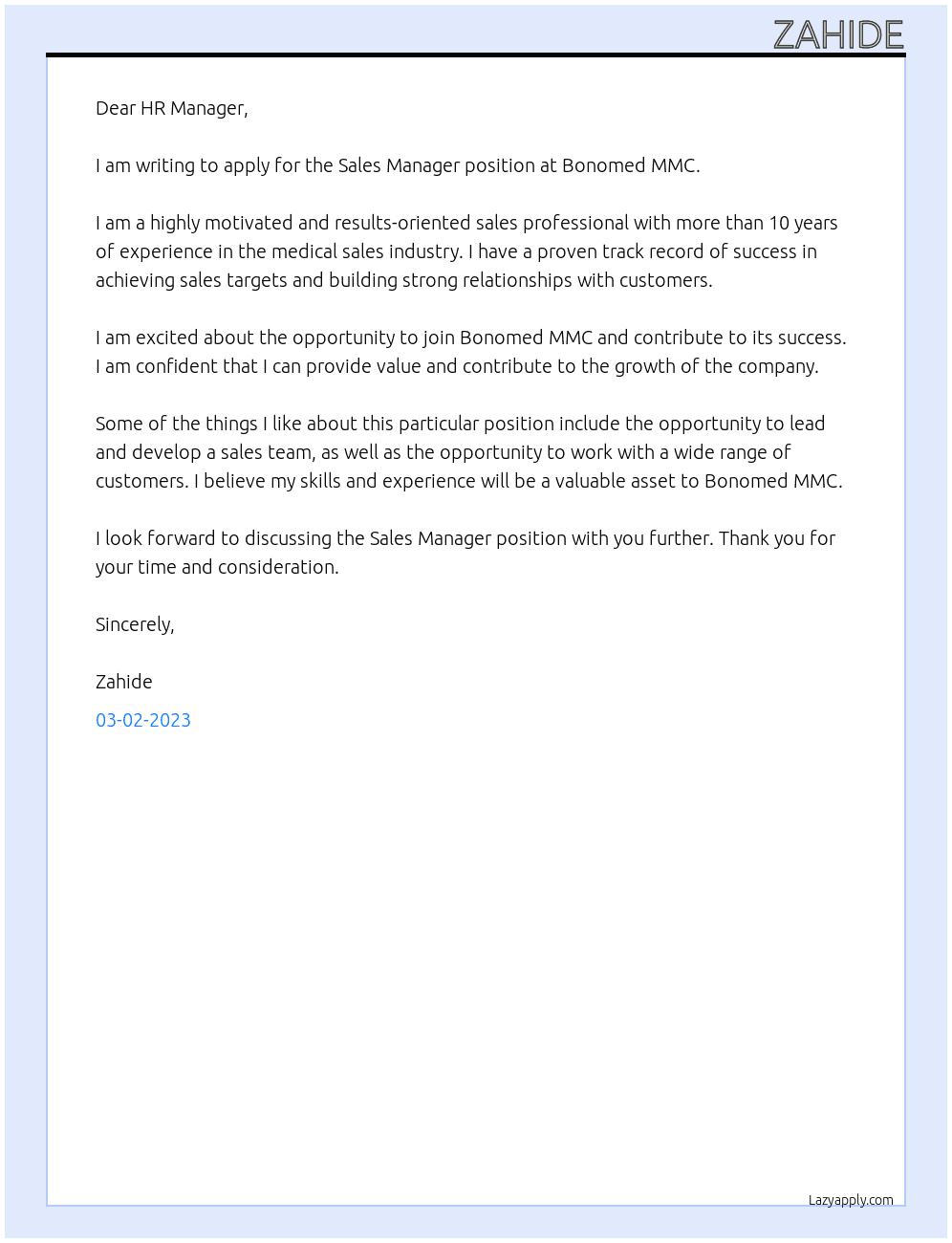 Sales Manager At Bonomed MMC Cover Letter