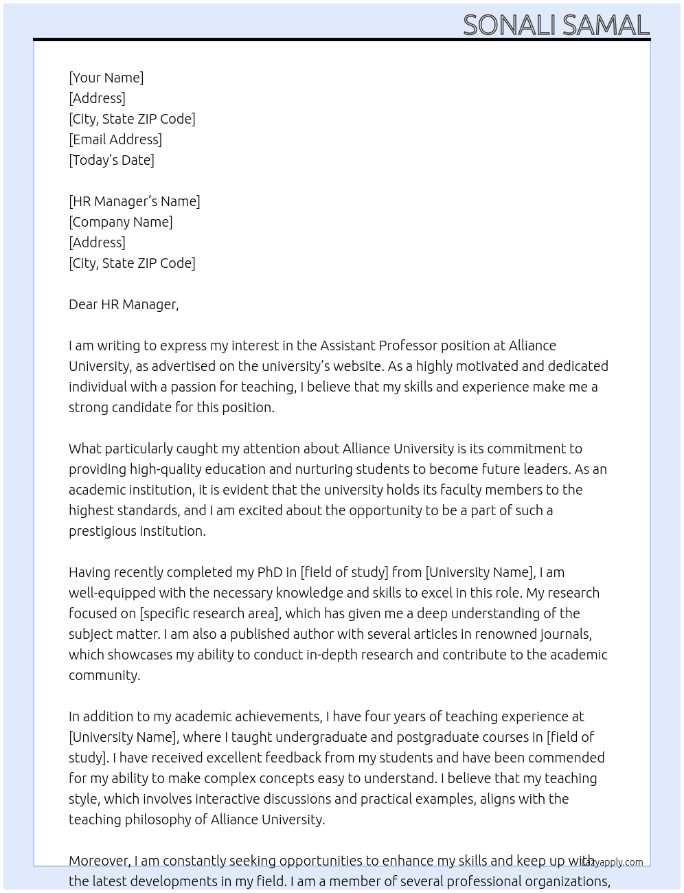 Assistant Professor At Alliance University Cover Letter