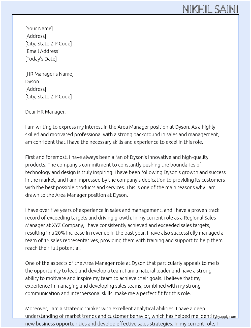 Area Manager At Dyson Cover Letter