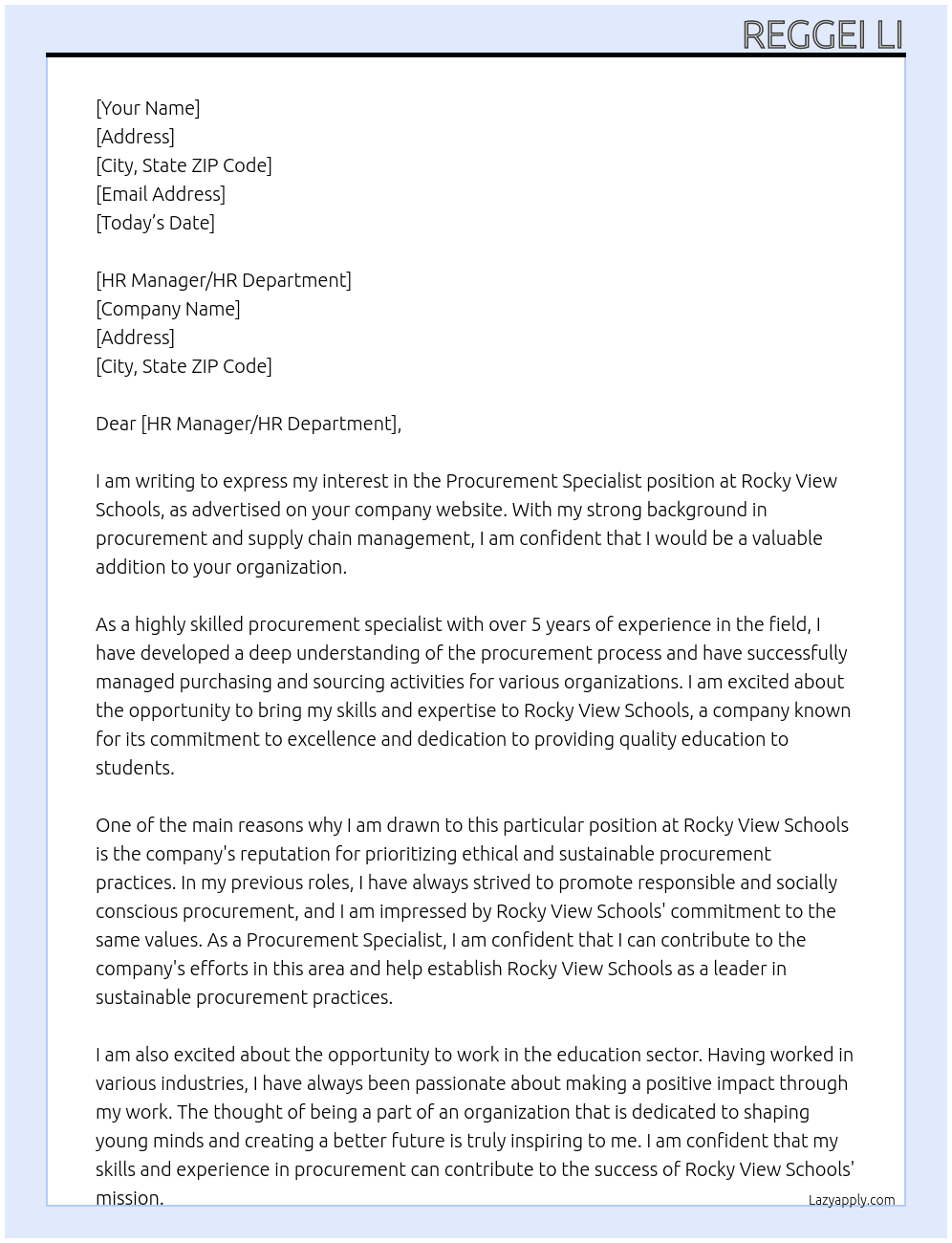 Procurement Specialist At Rocky View Schools Cover Letter
