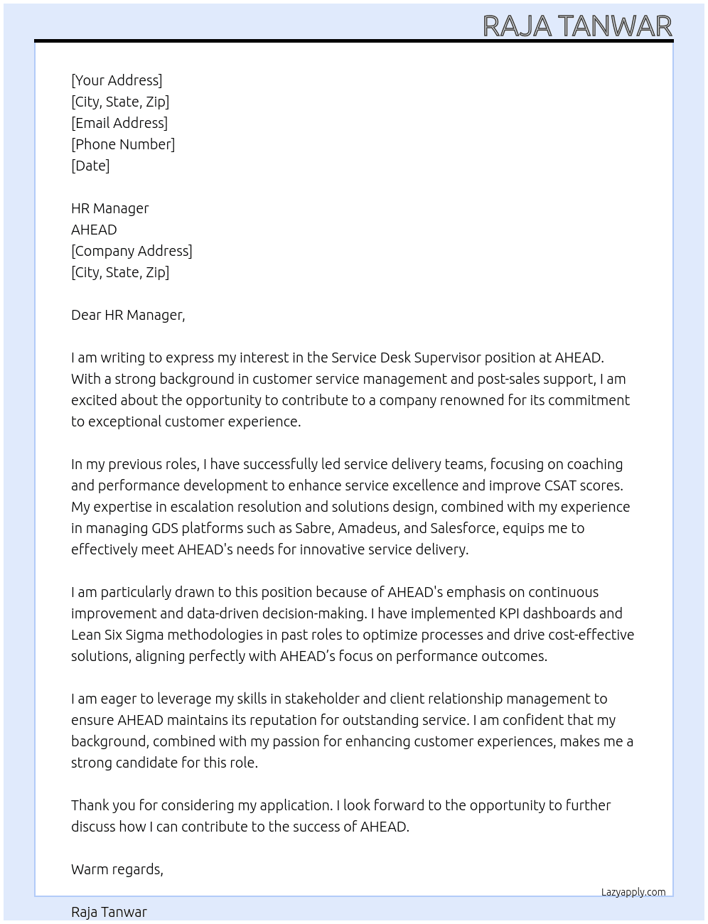 Service Desk Supervisor At AHEAD Cover Letter
