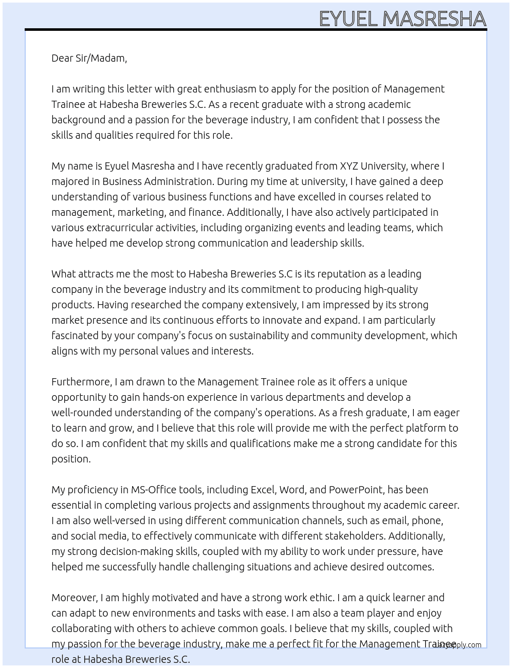 Fresh Graduate  At Habesha Breweries S.C Cover Letter