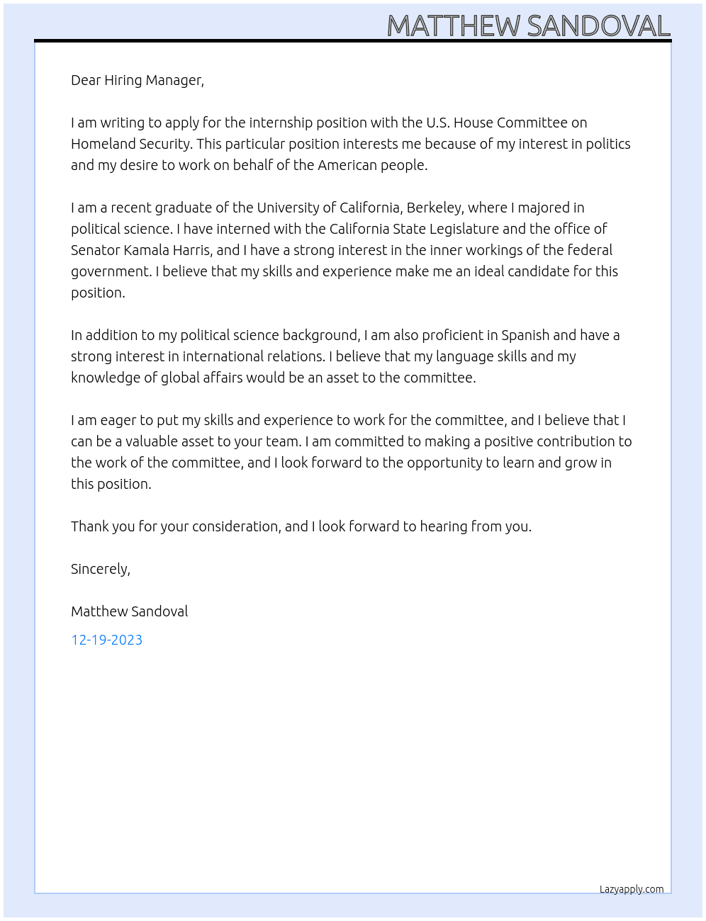 Internship At u.s. house committee on homeland security Cover Letter