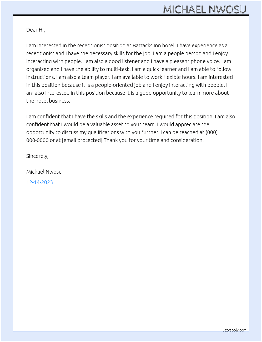 receptionist  At Barracks Inn hotel  Cover Letter