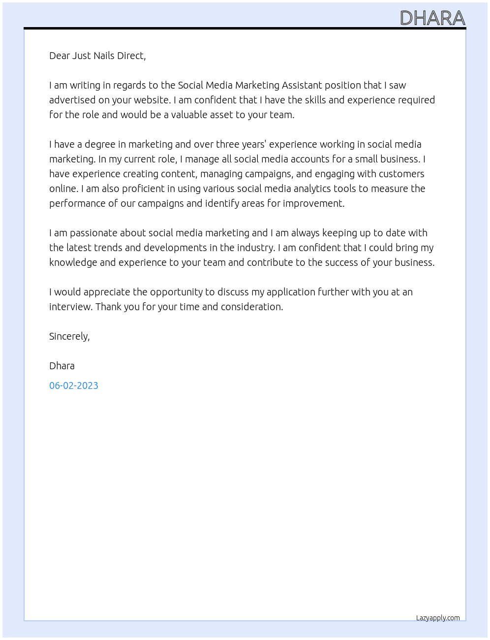 Social Media Marketing Assistant At Just Nails Direct Cover Letter