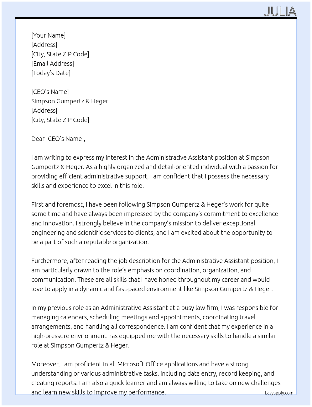 Administrative Assistant  At Simpson Gumpertz & Heger Cover Letter
