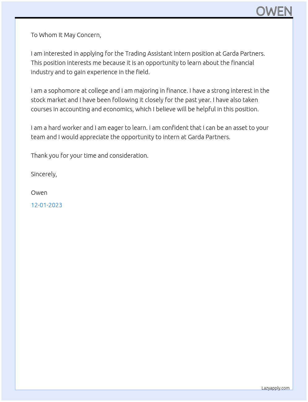 Trading Assistant Intern At Garda Partners Cover Letter